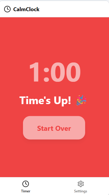 CalmClock completion screen showing time's up