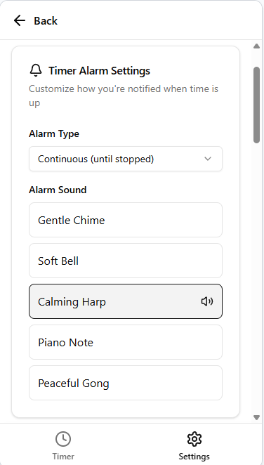 CalmClock settings page with alarm sound options