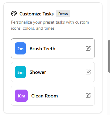 CalmClock custom task list showing editable routine cards